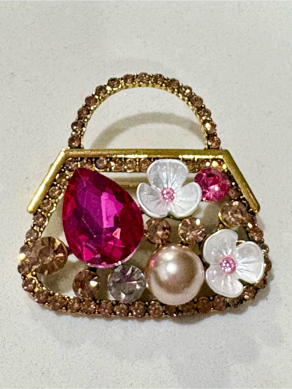 Gold-Tone Floral Pink Crystal Purse Brooch - Women Jewelry